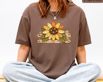 Patchwork Sunflower Shirt, Comfort Colors® Fall T-Shirt, Rustic Floral Graphic Tee, Farmhouse Autumn Shirt, Vintage Sunflower Fall Gift