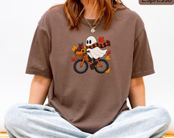 Cute Ghost Bicycle Halloween Shirt, Comfort Colors® Unisex Tee, Spooky Fall Graphic T-Shirt, Pumpkin Bike Rider Autumn Cycling Lover Gift
