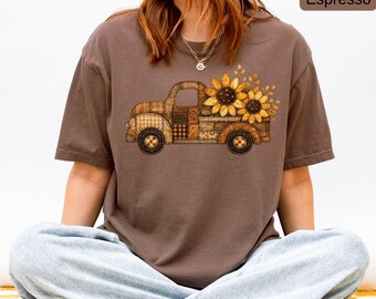 Sunflower Truck Shirt, Comfort Colors® Fall T-Shirt, Patchwork Vintage Truck Tee, Rustic Autumn Floral Shirt, Farmhouse Fall Graphic Tee
