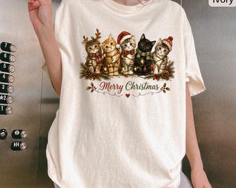 Christmas Cat Shirt, Comfort Colors® Merry Christmas Cats Tee, Cute Holiday Kittens Shirt, Cat Lover Gift, Cozy Vintage Christmas Tee