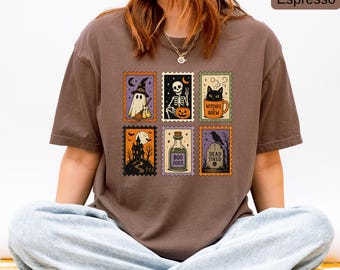 Vintage Halloween Postage Stamp Shirt, Spooky Stamps Graphic Tee, Comfort Colors® Unisex Halloween Shirt, Ghost Cat Witch Gift