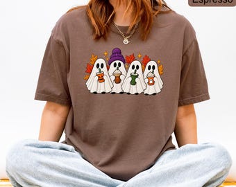 Cute Coffee Ghost Halloween Shirt, Comfort Colors® Unisex Tee, Spooky Latte Graphic T-Shirt, Cozy Fall Coffee Lover Halloween Gift