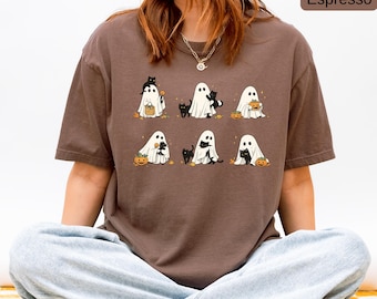 Cute Ghost Cat Halloween Shirt, Kawaii Spooky Ghost Graphic Tee, Comfort Colors® Unisex Halloween Cat Lover Shirt, Cute Fall Gift