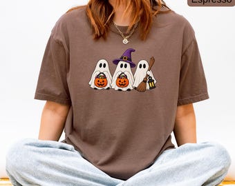 Cute Trick or Treat Ghost Halloween Shirt, Comfort Colors® Unisex Tee, Witch Hat Pumpkin Candy Graphic T-Shirt, Vintage Spooky Season Gift