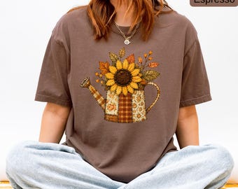 Sunflower Watering Can Shirt, Comfort Colors® Fall T-Shirt, Patchwork Floral Tee, Rustic Autumn Shirt, Farmhouse Sunflower Graphic Tee