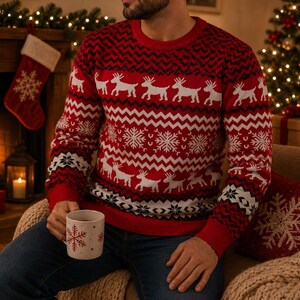 Könnte beinhalten: Ein roter Langarmpullover mit einem weiß-schwarzen Muster aus Rentieren, Schneeflocken und Zickzacklinien. Der Pullover hat einen Rundhalsausschnitt und gerippte Bündchen. Das Design wiederholt sich auf der Brust und den Ärmeln.