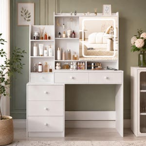 Moderne witte LED-make-uptafel met spiegel en opberglades