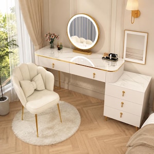 Witte make-upkaptafel met LED-spiegel, blad van imitatiemarmer, gouden accenten en opberglades.