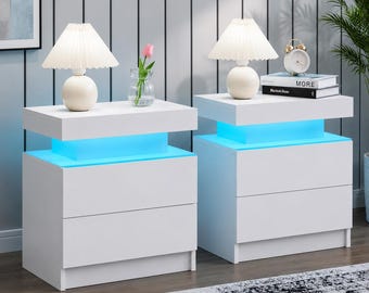 Set of 2 Modern White LED Nightstands with Charging Station, High Gloss Drawers