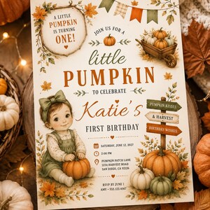 May include: A rectangular birthday invitation card featuring a watercolour illustration of a child with a pumpkin, surrounded by autumn leaves, a wooden wheelbarrow, and a signpost. Text includes A LITTLE PUMPKIN IS TURNING ONE, Katie's FIRST BIRTHDAY, and event details for Saturday, June 12, 2027, at 2:00 PM at Pumpkin Patch Lane, San Diego, CA 92126, with RSVP information.