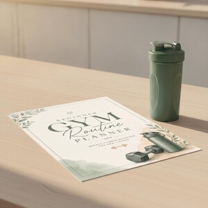 Può includere: Un foglio rettangolare per la pianificazione della routine in palestra con illustrazioni di foglie verdi, un grafico di un manubrio e un grafico di uno shaker. Il testo recita Beginner Gym Routine Planner Weekly Fitness Schedule For New Lifters. Uno shaker verde è posizionato accanto.
