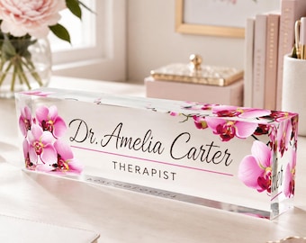 Personalized Acrylic Desk Name Plate, Floral Design, Custom Office Sign (7.8 in)