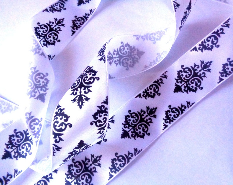 Satin Damask Print Ribbon White / Black 1 1/2 inch wide 1 Etsy