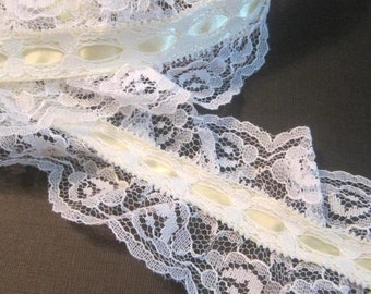 Ruffled Lace Trim with Beading, White / Pastel Yellow, 3/4" Beading with Ribbon on 2 1/2" Lace, 1 Yard For Reborn, Dolls, Victorian Crafts