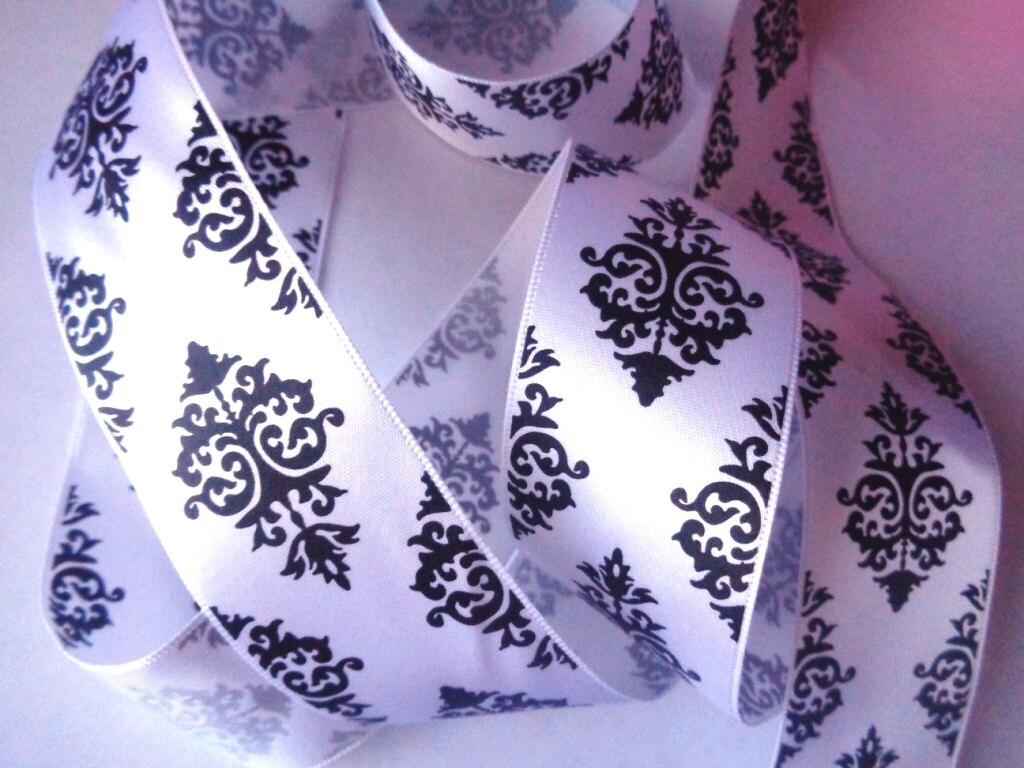 Satin Damask Print Ribbon White / Black 1 1/2 inch wide 1 Etsy