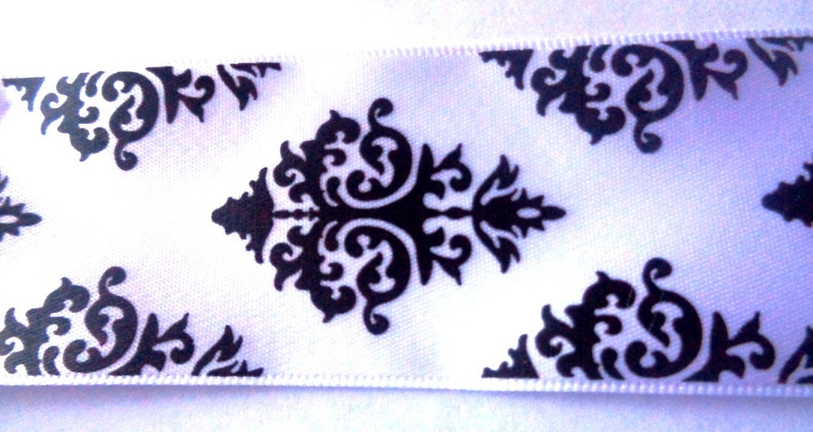 Satin Damask Print Ribbon White / Black 1 1/2 inch wide 1 Etsy