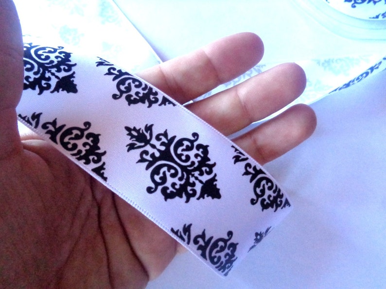 Satin Damask Print Ribbon White / Black 1 1/2 inch wide 1 Etsy