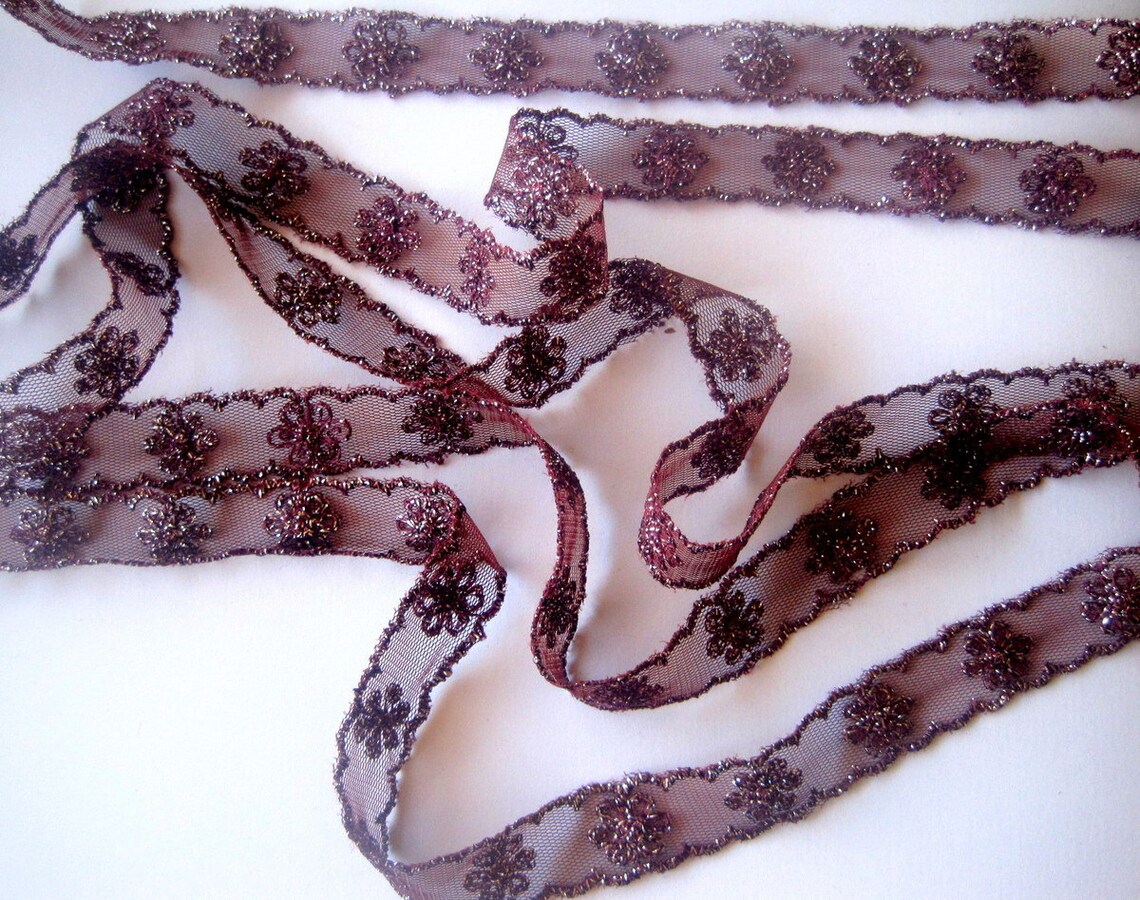 Embroidered Sparkle Lace Trim Wine / Silver 5/8 Inch Etsy