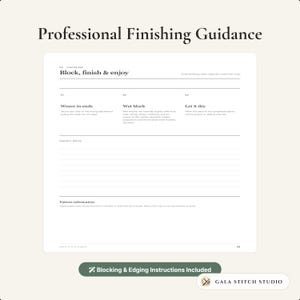 Op de afbeelding: Een wit instructiedocument getiteld Professional Finishing Guidance met secties voor Block, finish & enjoy, projectnotities en patrooninformatie. De tekst beschrijft stappen voor het wegwerken van draadeinden en het nat blokken van breiwerk.