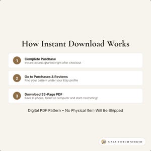 Op de afbeelding: Een informatieve afbeelding met de titel How Instant Download Works, die drie stappen beschrijft: 1. Complete Purchase, 2. Go to Purchases & Reviews, 3. Download 33-Page PDF. Het bevat de tekst Digital PDF Pattern &bull; No Physical Item Will Be Shipped en het logo van Gala Stitch Studio.