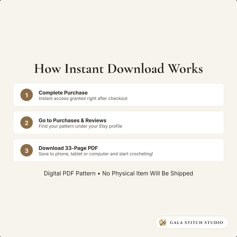 Op de afbeelding: Een informatieve afbeelding met de titel How Instant Download Works, die drie stappen beschrijft: 1. Complete Purchase, 2. Go to Purchases & Reviews, 3. Download 33-Page PDF. Het bevat de tekst Digital PDF Pattern &bull; No Physical Item Will Be Shipped en het logo van Gala Stitch Studio.