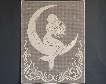 Mermaid Filet Crochet Pattern, Moon Grotto Wall Hanging PDF Lace Chart