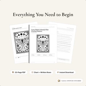 Op de afbeelding: Een 33-pagina tellend PDF-haakpatroon getiteld Luna Moth Celestial Filet Crochet Pattern. Het document bevat een compleet patroondiagram, uitgeschreven rijen en een afbeelding van een maanspinner omringd door hemelse elementen zoals manen.