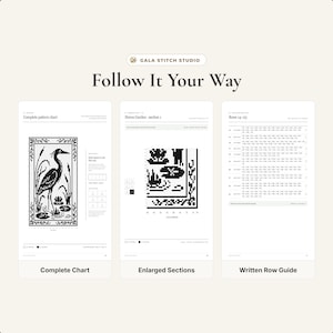 May include: A digital cross-stitch pattern guide from Gala Stitch Studio titled Follow It Your Way. It displays three pages: a complete pattern chart featuring a heron, enlarged sections of the Heron Garden, and a written row guide for rows 14-23.