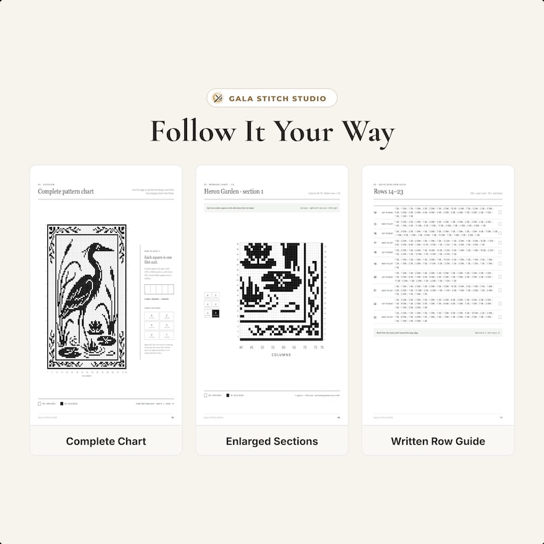 May include: A digital cross-stitch pattern guide from Gala Stitch Studio titled Follow It Your Way. It displays three pages: a complete pattern chart featuring a heron, enlarged sections of the Heron Garden, and a written row guide for rows 14-23.