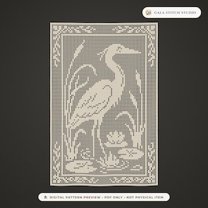 May include: A cream-colored filet crochet pattern featuring a heron standing among cattails and lily pads, enclosed in a decorative border. The text GALA STITCH STUDIO appears at the top, and DIGITAL PATTERN PREVIEW PDF ONLY at the bottom.