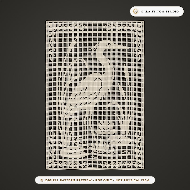 May include: A cream-colored filet crochet pattern featuring a heron standing among cattails and lily pads, enclosed in a decorative border. The text GALA STITCH STUDIO appears at the top, and DIGITAL PATTERN PREVIEW PDF ONLY at the bottom.