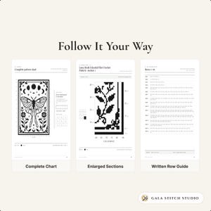 Op de afbeelding: Een digitale patroongids getiteld Follow It Your Way van Gala Stitch Studio, bestaande uit drie secties: een compleet Luna Moth filet haakpatroon, uitvergrote secties en een gedetailleerde schriftelijke gids per rij.