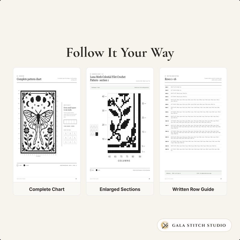 Op de afbeelding: Een digitale patroongids getiteld Follow It Your Way van Gala Stitch Studio, bestaande uit drie secties: een compleet Luna Moth filet haakpatroon, uitvergrote secties en een gedetailleerde schriftelijke gids per rij.