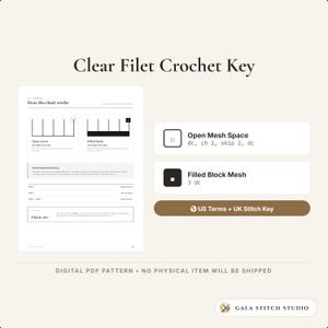 Op de afbeelding: Een digitale PDF-patroongids getiteld Clear Filet Crochet Key. Het toont instructies voor open netsteken en gevulde blokken, inclusief Amerikaanse termen en Britse steeksleutels, met diagrammen en tekst die de haakgrafiek uitleggen.