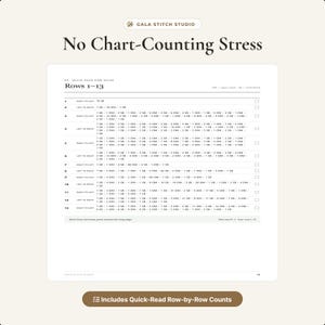 May include: A white instructional page titled No Chart-Counting Stress from Gala Stitch Studio. It features a Quick-Read Row Guide for rows 1-13, listing stitch counts with checkboxes for tracking progress, and a bottom button labeled Includes Quick-Read Row-by-Row Counts.