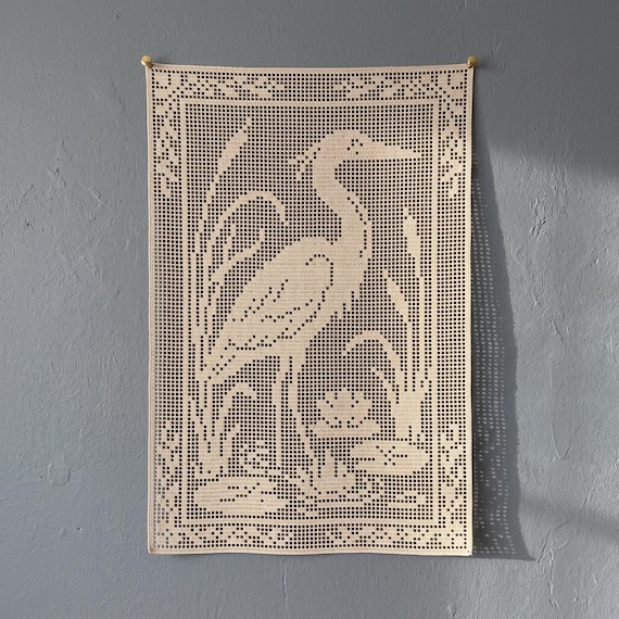 Heron Filet Crochet Pattern, Bird Garden Wall Hanging PDF, Japanese Style Lace Chart