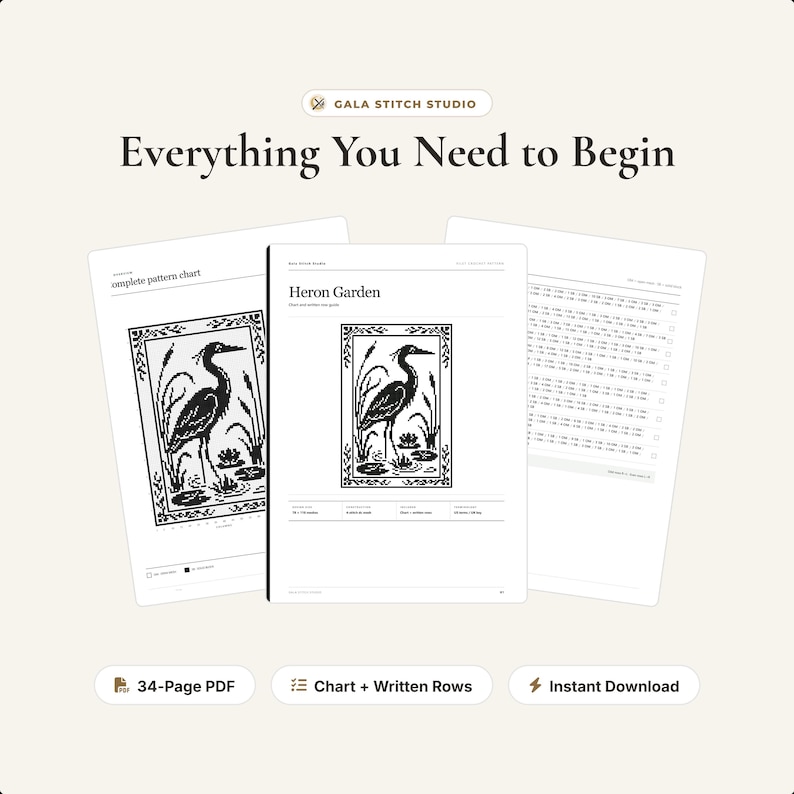 May include: A 34-page PDF digital pattern titled Heron Garden from Gala Stitch Studio. The document includes a complete pattern chart, written rows, and instructions for a cross-stitch design featuring a heron in a garden setting.