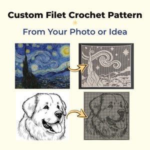 Könnte beinhalten: Custom Filet Crochet Pattern From Your Photo or Idea. Das Bild zeigt zwei Beispiele für die Umwandlung von Bildern in Häkelmuster: eine Reproduktion von Sternennacht und eine Strichzeichnung eines Hundes, beide als Rasterhäkelarbeit.