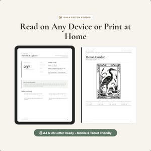 May include: A digital pattern guide from Gala Stitch Studio titled Heron Garden, displayed on a tablet and a printed page. The document includes a pattern at a glance, technical specifications, and a black and white illustration of a heron.