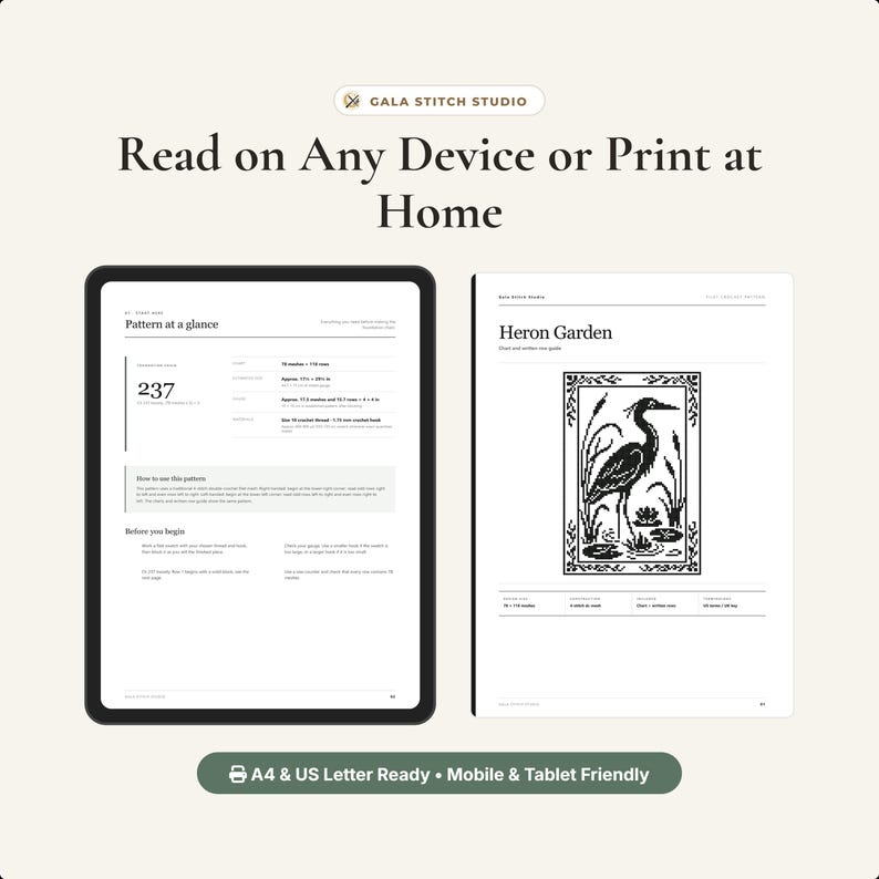 May include: A digital pattern guide from Gala Stitch Studio titled Heron Garden, displayed on a tablet and a printed page. The document includes a pattern at a glance, technical specifications, and a black and white illustration of a heron.