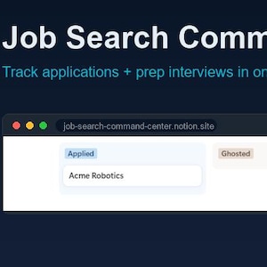 Op de afbeelding: Een digitaal Job Search Command Center voor Notion. De donkere achtergrond bevat de titel en ondertitel, met een wit sollicitatie-trackingbord met kolommen voor Applied, Ghosted, Offer, Onsite/Final en Rejected statussen.