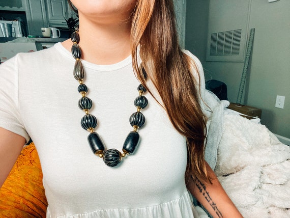 Vintage black bead chunky statement necklace - vi… - image 1