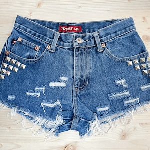Vintage Studded Medium Wash Blue Custom Cut-Off High Waist Denim Shorts | High rise distressed ripped torn