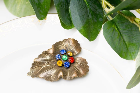 Vintage 1930s rainbow rhinestone bronze leaf shoe… - image 1