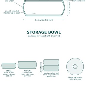Dimension sheet: bowl cross-section with the drop-in lid, small and medium sizes with capacities (about 1.2 and 2.8 cups), and stacking height diagram.