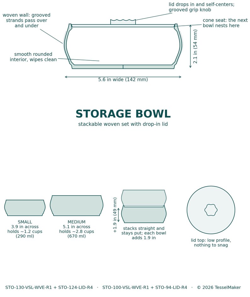Dimension sheet: bowl cross-section with the drop-in lid, small and medium sizes with capacities (about 1.2 and 2.8 cups), and stacking height diagram.