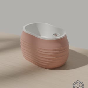 Aquaoval self-watering planter in peach pink, oblong shape with a hand-wandered horizontal ridge texture. Images include 3D-rendered visualizations of the exact print files.