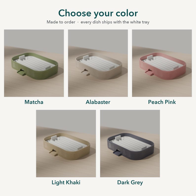 Color chart showing the soap dish in five colors: Matcha, Alabaster, Peach Pink, Light Khaki, and Dark Grey, each with the white tray