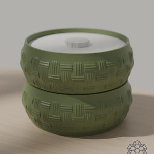 Two matcha green woven bowls stacked with the lid on top; the bowls nest and stand flat. 3D-rendered visualization of the exact print file.