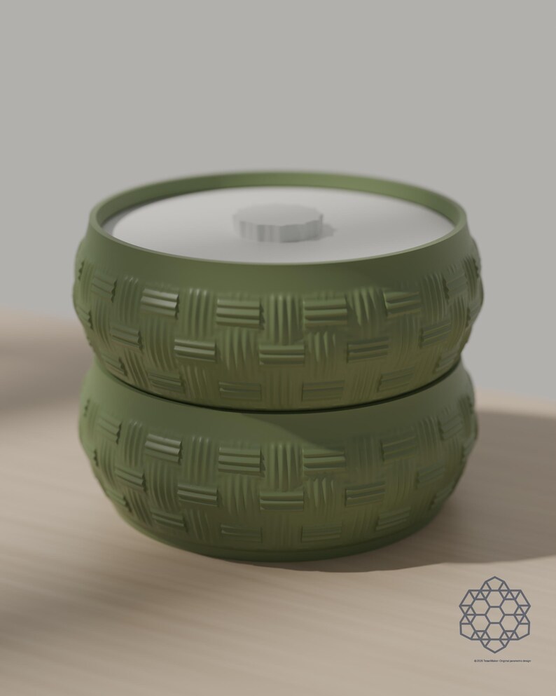 Two matcha green woven bowls stacked with the lid on top; the bowls nest and stand flat. 3D-rendered visualization of the exact print file.